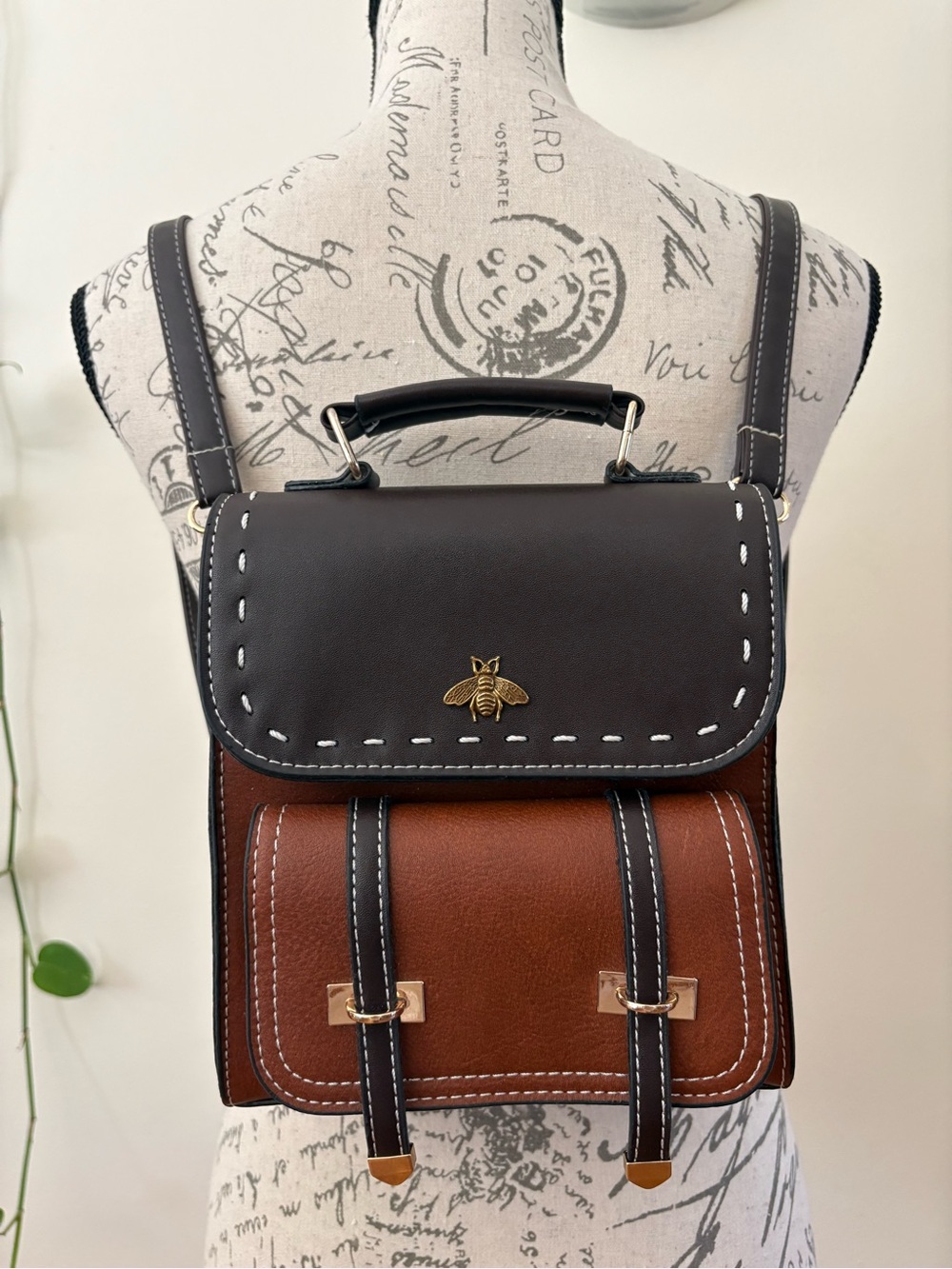 Bee-Emblem Brown and Black Leatherette Men’s Backpack Satchel